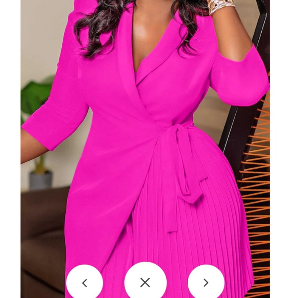 Hot Pink Pleated Wrap Mini Dress – Tie Waist, Blazer Lapel, Half Sleeve